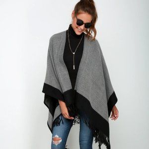 Ann Taylor Gray and Black ColorBlock Poncho with Fringes